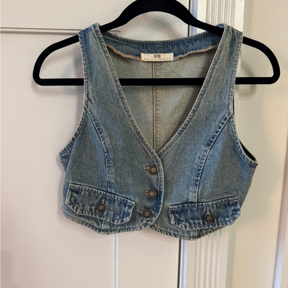 Denim Button-Up Crop Vest
